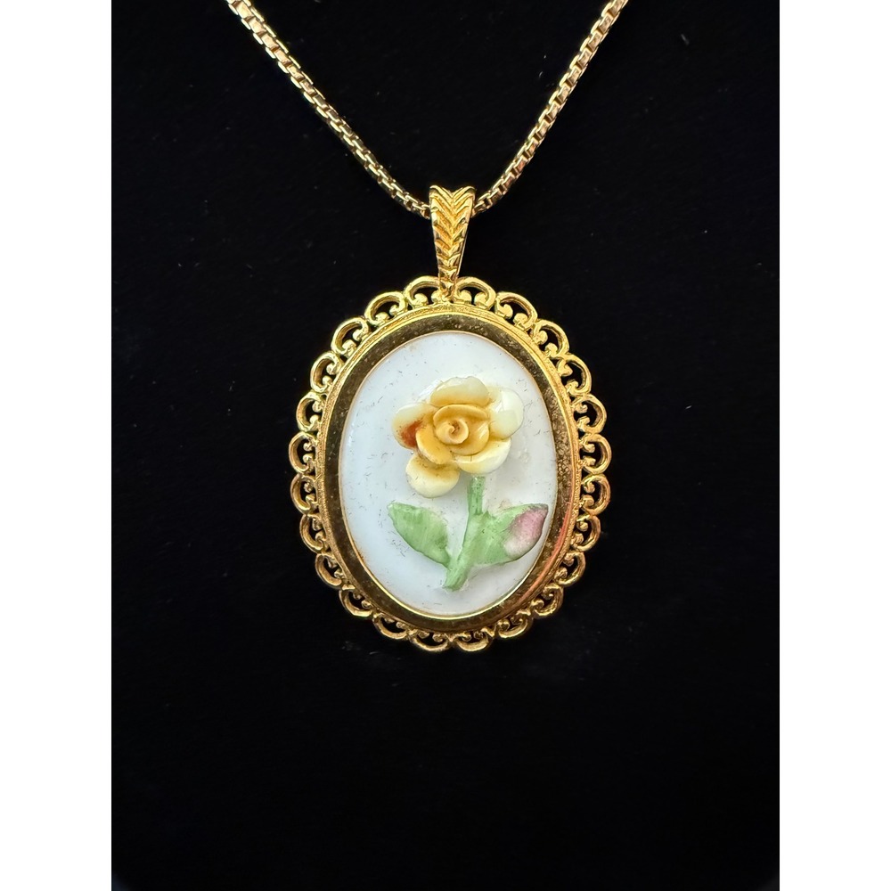 Vintage Coalport Bone China Rose Pendant with Monet Gold Tone Chain England